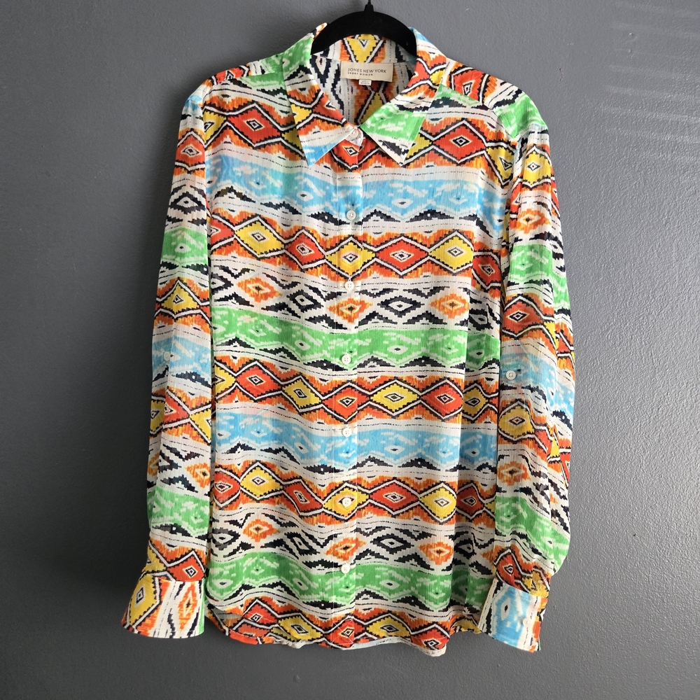 Jones New York Southwestern Aztec Print Roll Tab Sleeve Sheer Blouse 1X - Picture 6 of 6